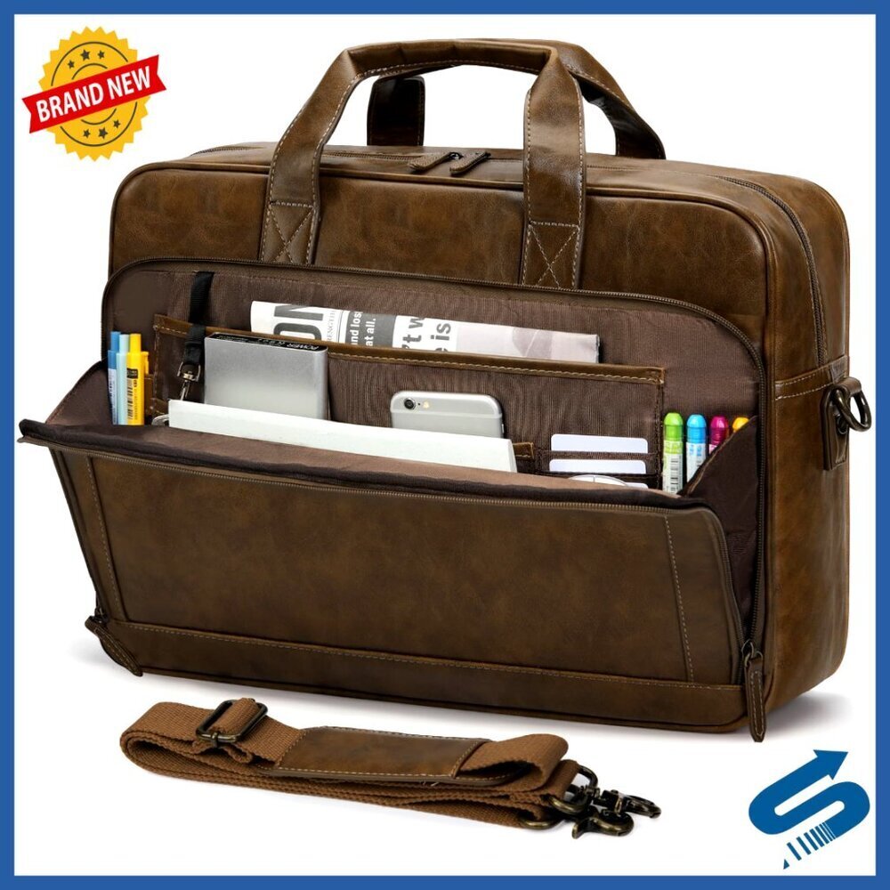 Vintage Leather Laptop Briefcase Retro Messenger Bag Professional Work Travel
